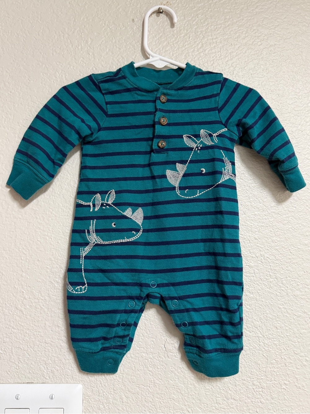 Carter's Teal & Navy Striped Dinosaur Footed One-Piece